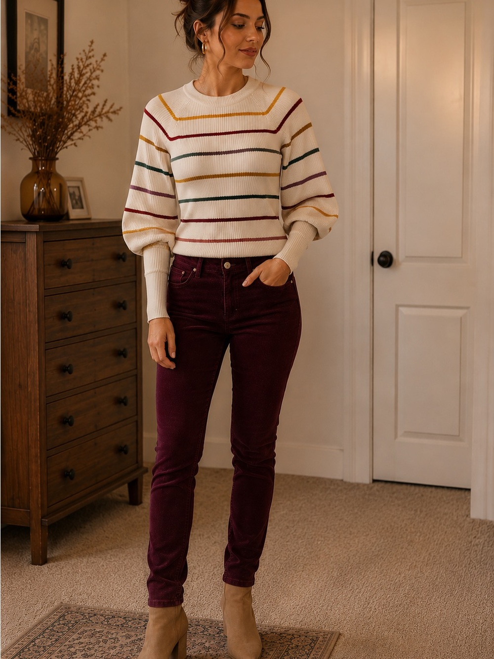 Saylor-Anthropologie-Ribbed Balloon Sleeve Striped Sweater Small